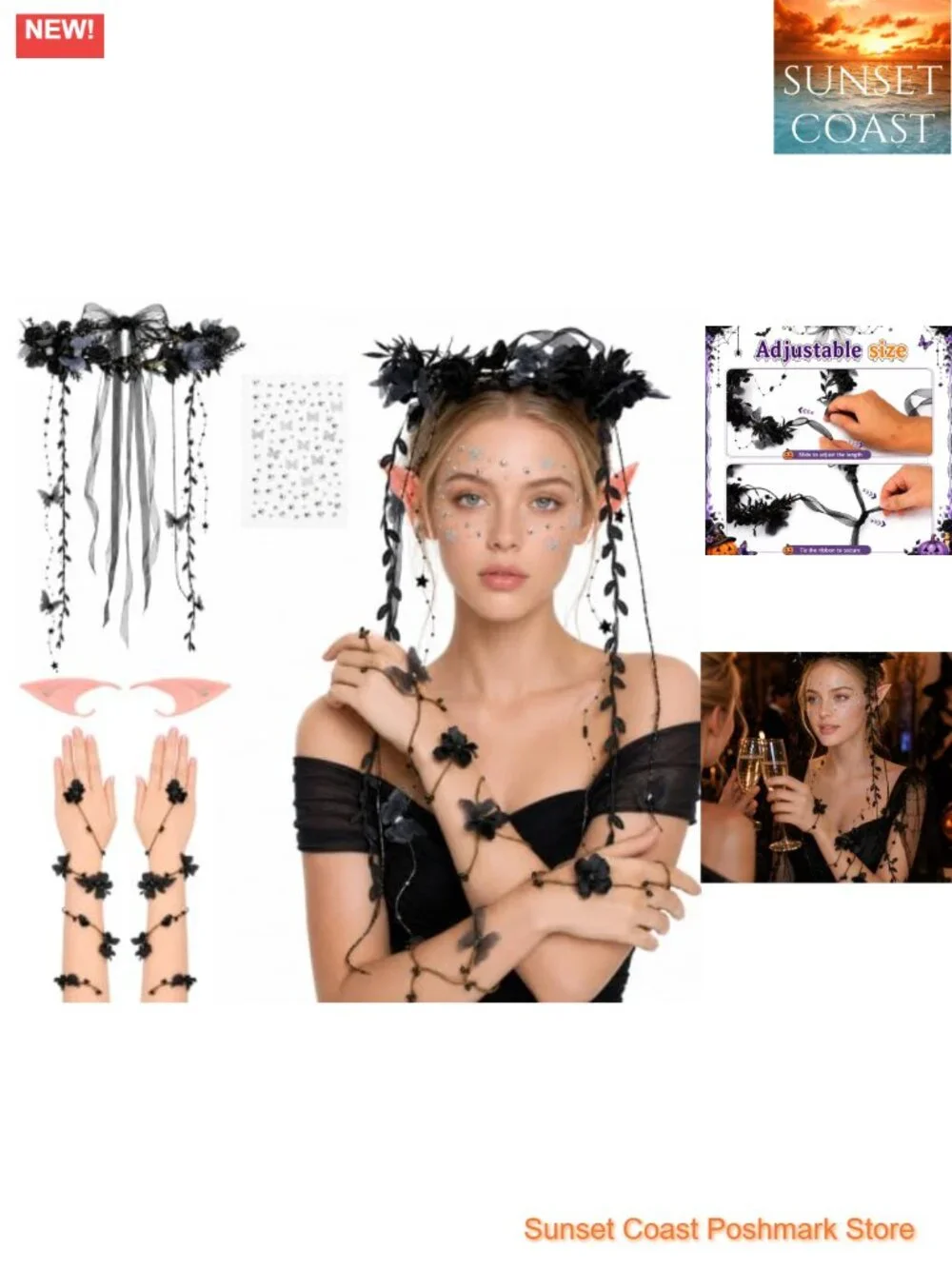 Fairy Costume Accessory Set Floral Crown Arm Wraps Elf Ears Renaissance Party